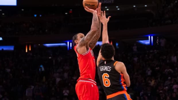 DeRozan puts up a shot against Quentin Grimes last season at Madison Square Garden